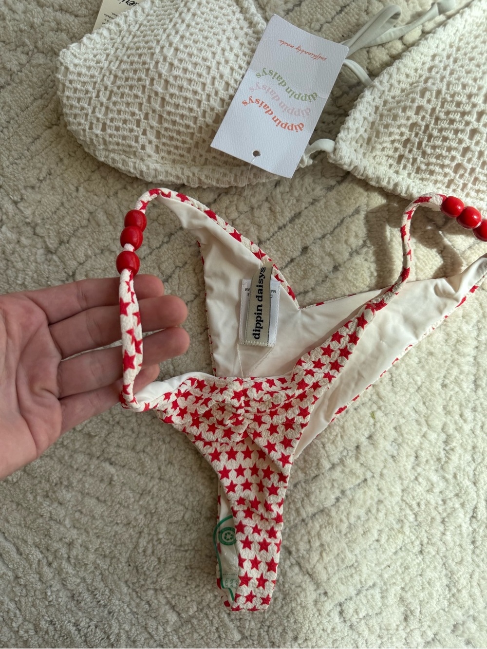 aerie Crochet Triangle Bikini Top in Cream & Red Star Print Bottom - Picture 4 of 7